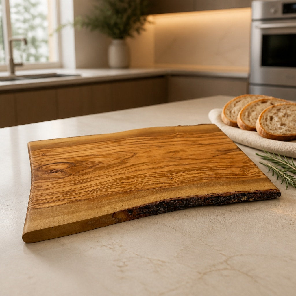 Italian Olive Wood Charcuterie Board 15x10x.75, live edge serving tray, durable cutting board, natural grain pattern, handcrafted kitchen, o