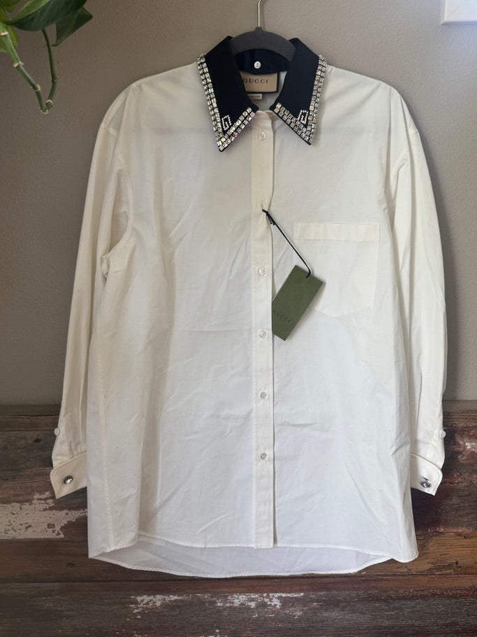 4468 - Gucci Crystal Embellished Collar Cotton Poplin Shirt - Size 40 - NWT - Retail $3500