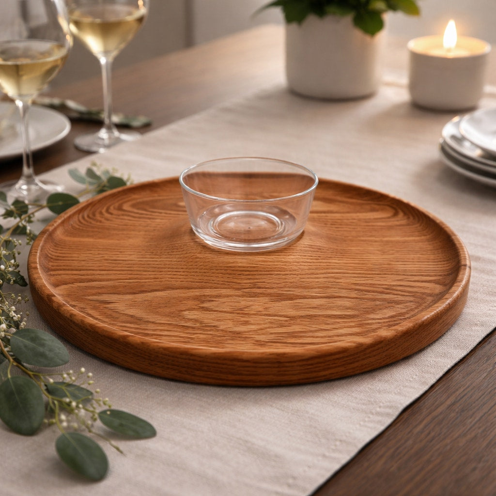 Handmade Round Oak Appetizer Tray with Bowl, 17.75 x 1.25 in, functional serving platter, chips salsa veggie server