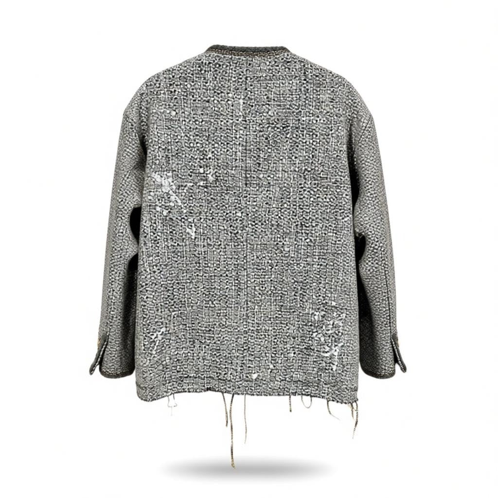 R13 Slouch Embellished Tweed Jacket Gray Oversized Size M