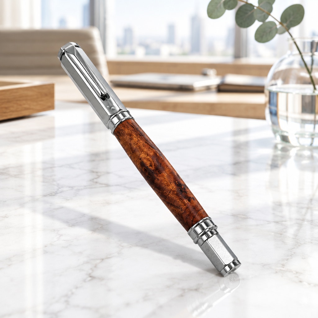 Vertex Rollerball Pen in Thuya Burl Wood, Hand Turned Barrel, Chrome Finish, SKU 1558