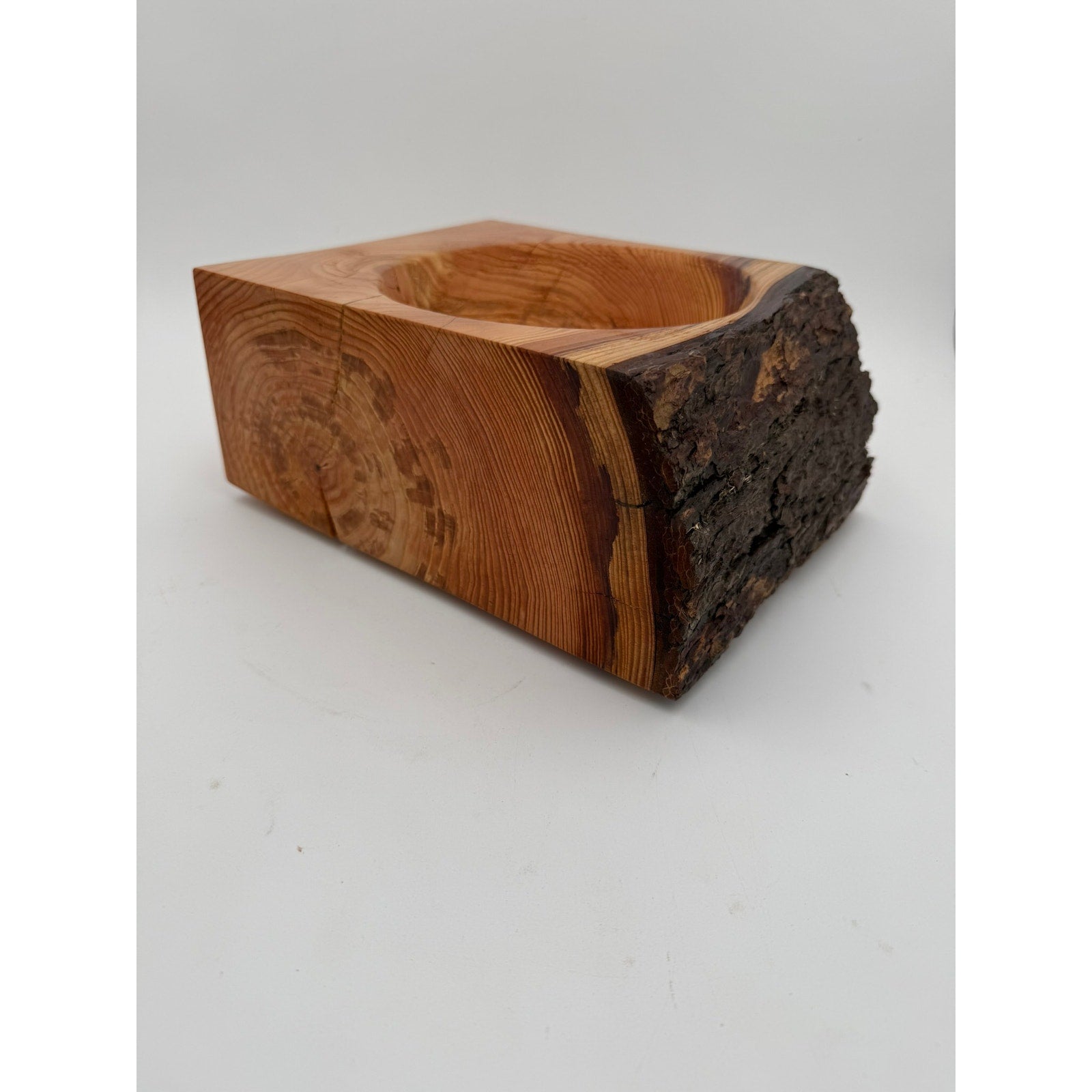 Natural edge fir wood centerpiece bowl, handmade rustic decor, live bark rim, 10.5 x 8.5 x 4.75 in, functional and decorative