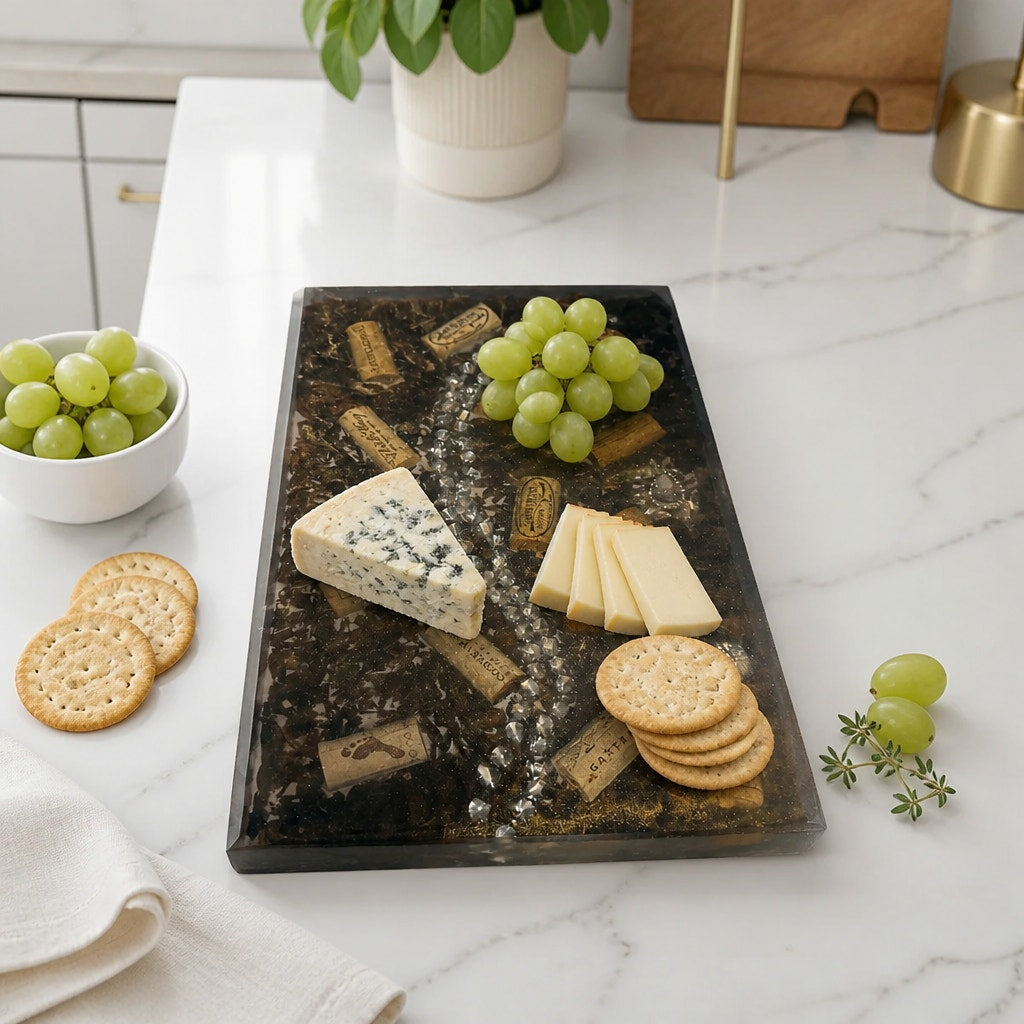 Handcrafted Epoxy Charcuterie Board, Wine Corks, Jewelry Inlay, Walnut Sawdust, SKU 1434