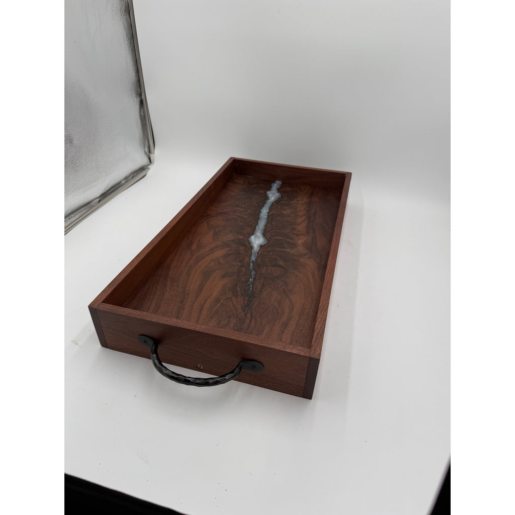 Walnut Burl Serving Tray with Pearl Epoxy accents, 22x11.75x3 size, wrought iron handles, food safe finish