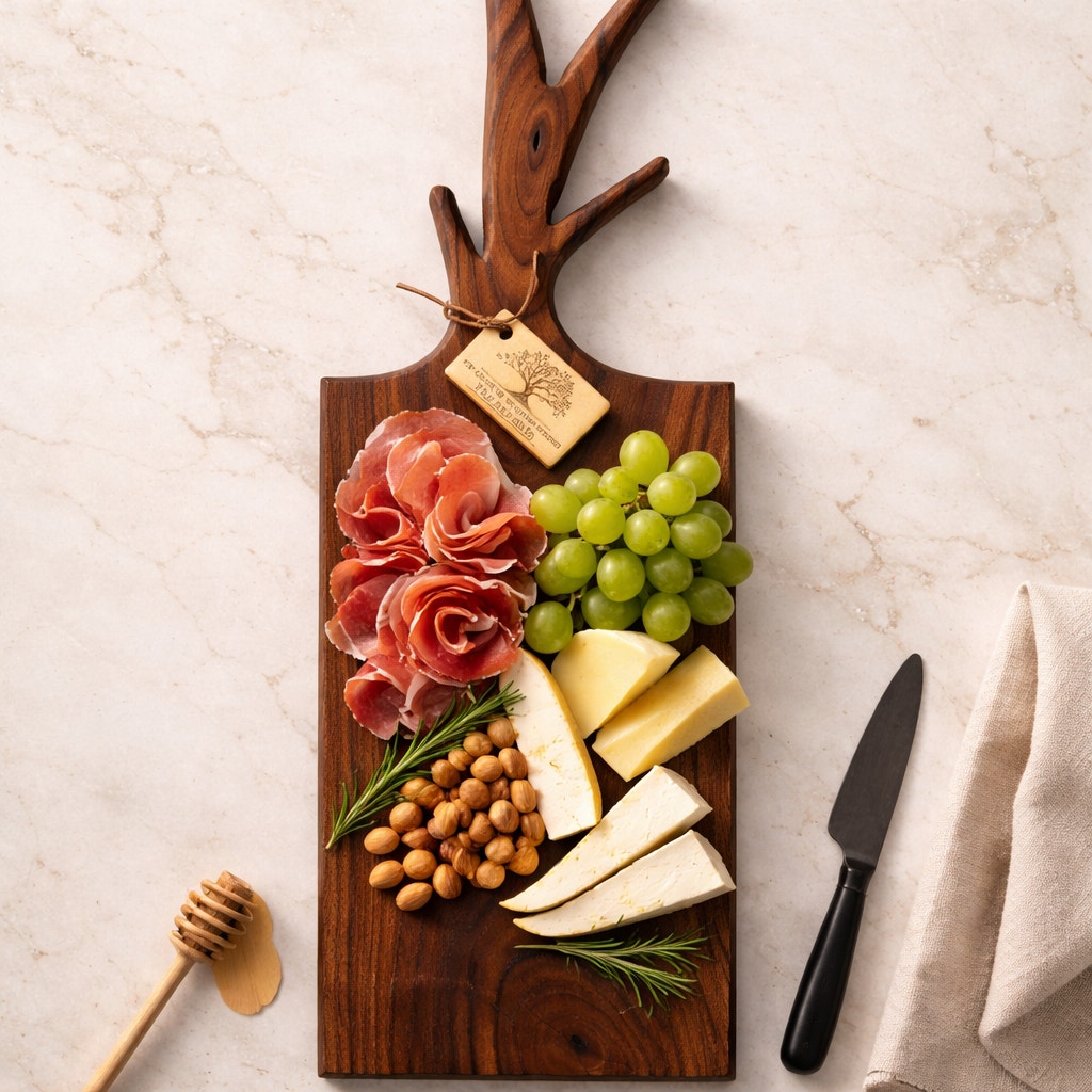 Walnut Charcuterie Board with Twig Handle, 22x6.5x1 size, decorative serving tray, functional kitchen gift, handmade USA