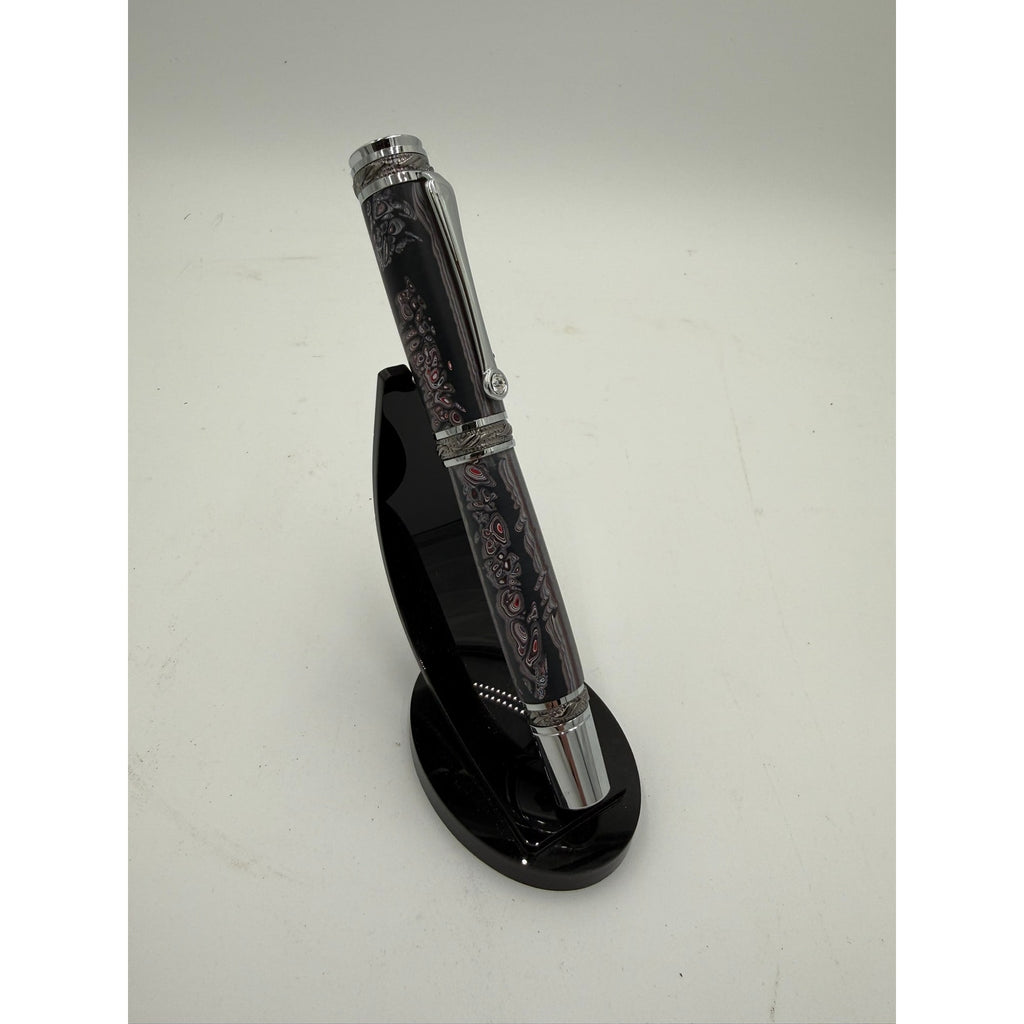 One of a Kind Fordite Barrel Rollerball Pen, handmade artisan pen, silver details, refillable ink, professional writing tool