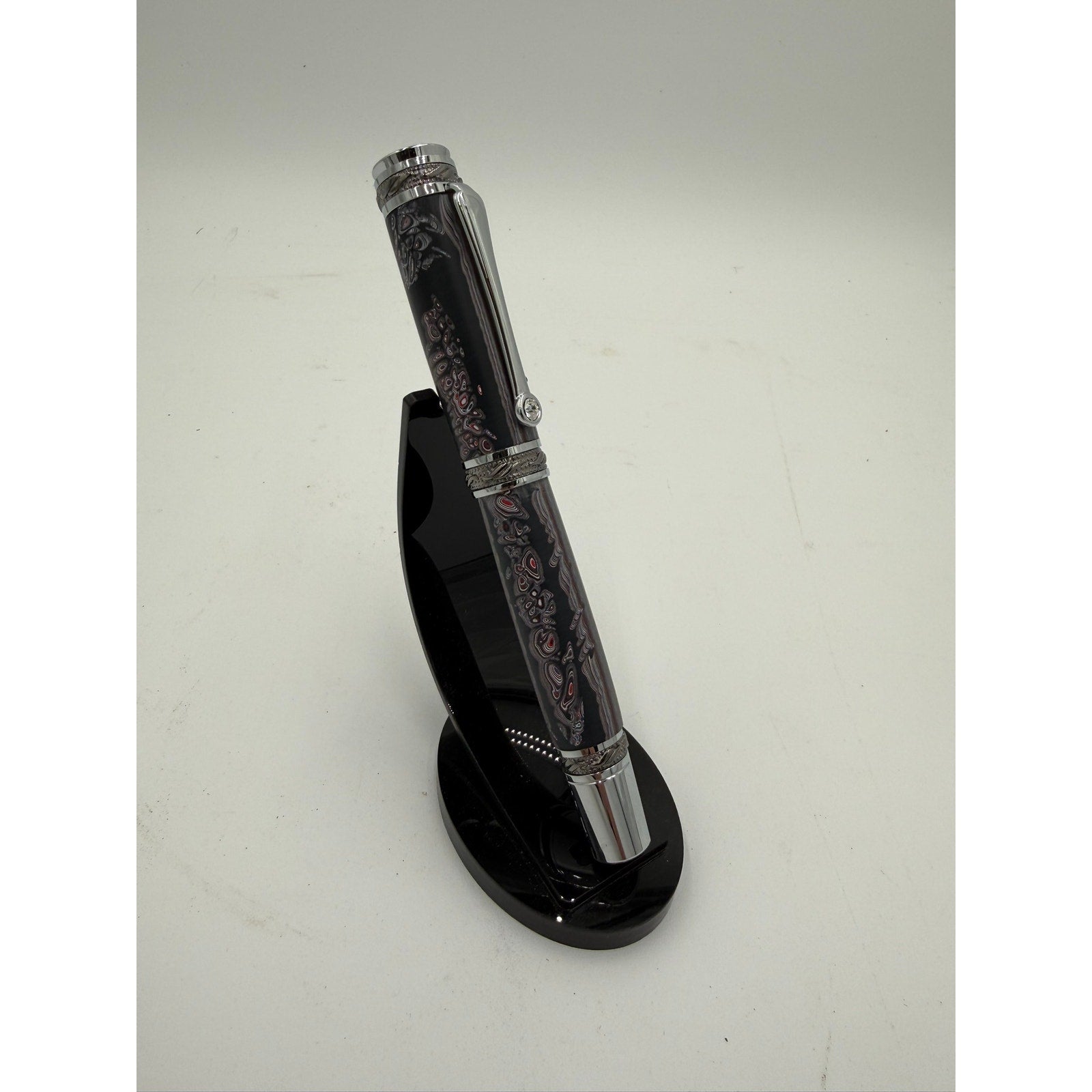 One of a Kind Fordite Barrel Rollerball Pen, handmade artisan pen, silver details, refillable ink, professional writing tool