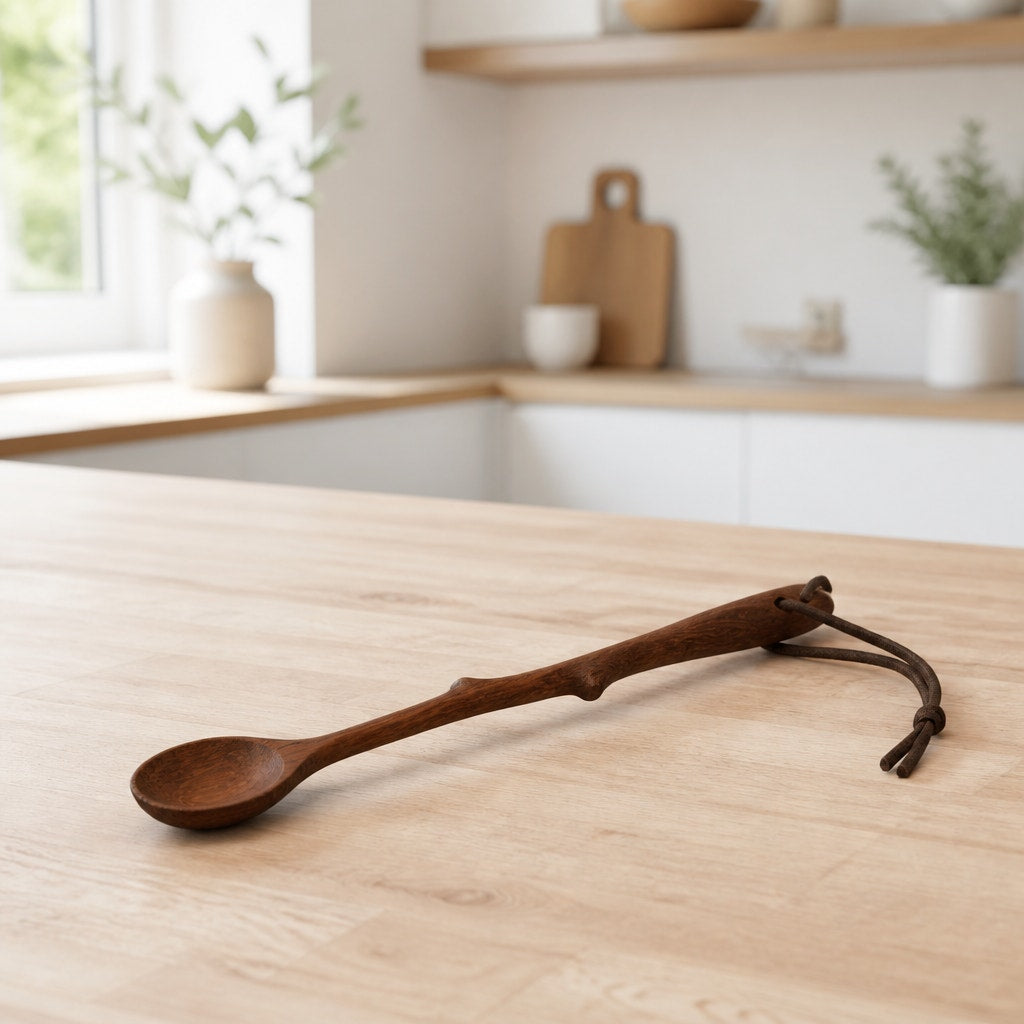 Ash Wooden Spoon with Tree Branch Handle, 9 Inch Long, Food Safe, SKU 1466