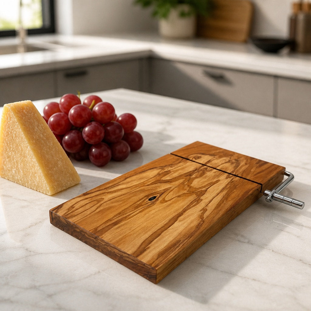 Italian Olivewood Cheese Cutter Board, Stainless Steel Wire, Handcrafted Kitchen Tool