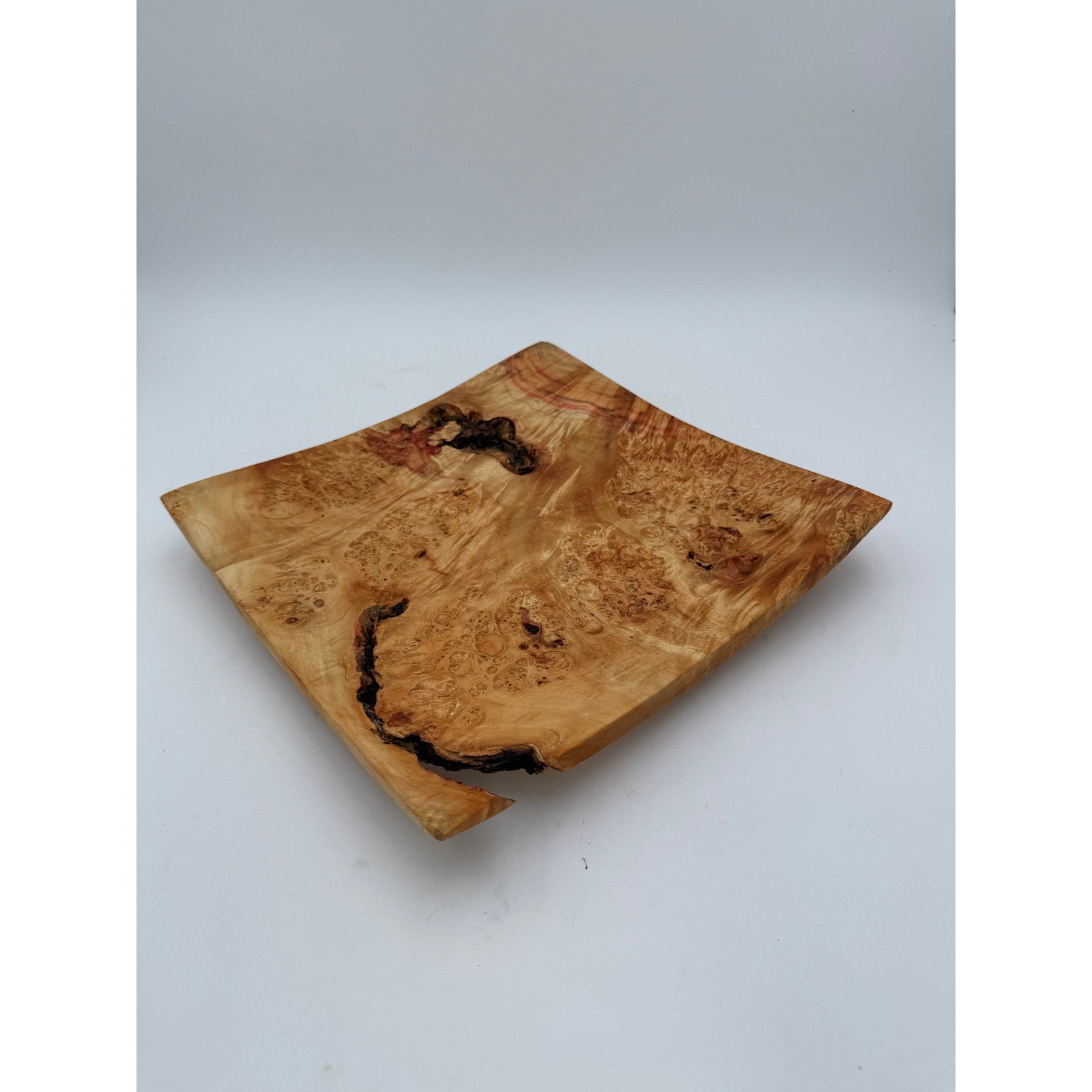Box Elder Burl Hand Turned Square Bowl, 12x12x2 inches, natural edge, food safe finish, centerpiece decor