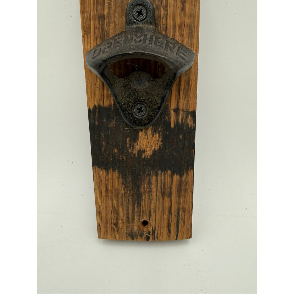 Whiskey Barrel Stave Wall Bottle Opener, rustic bar decor, mounts to wall or cabinet, sturdy cast iron, reclaimed oak