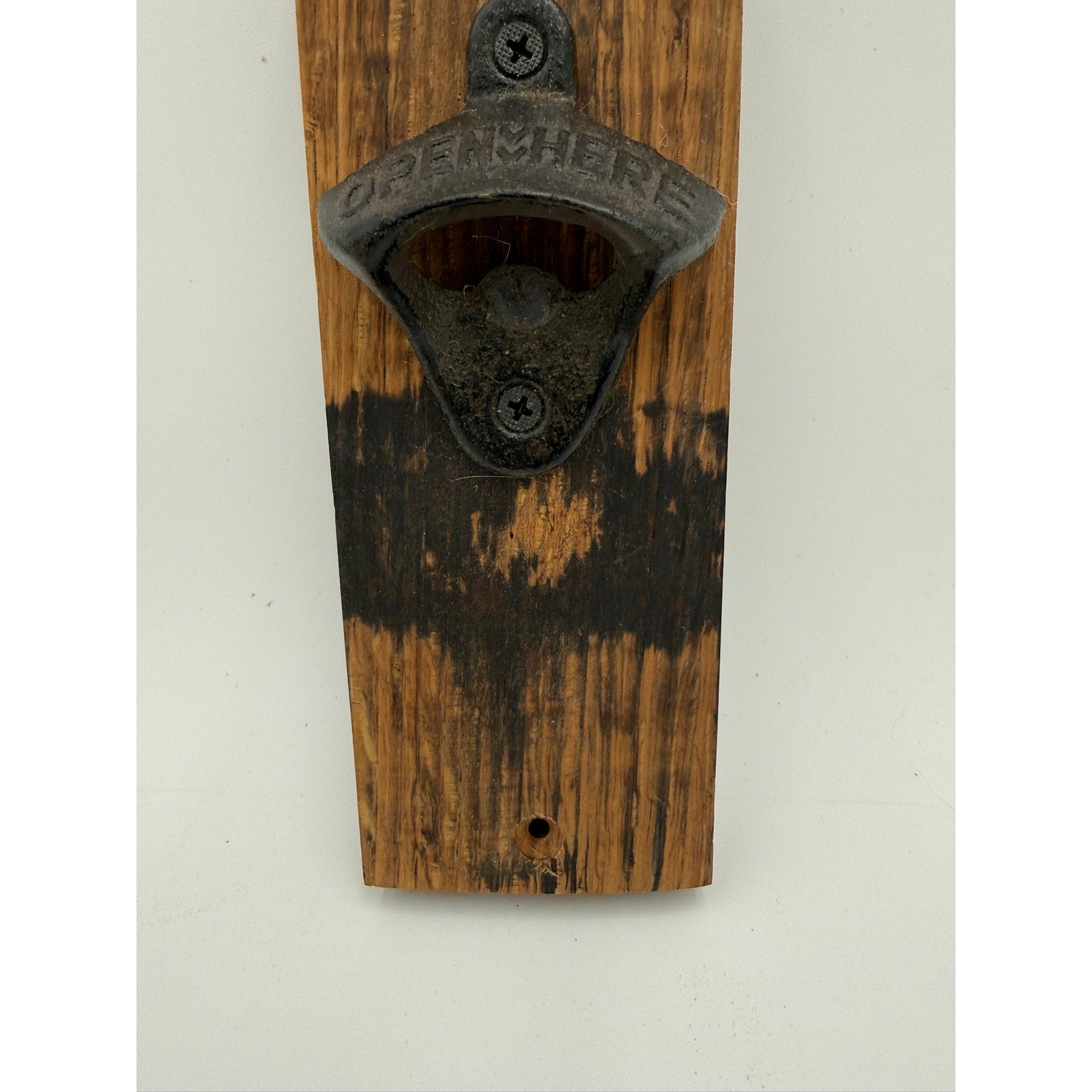 Whiskey Barrel Stave Wall Bottle Opener, rustic bar decor, mounts to wall or cabinet, sturdy cast iron, reclaimed oak