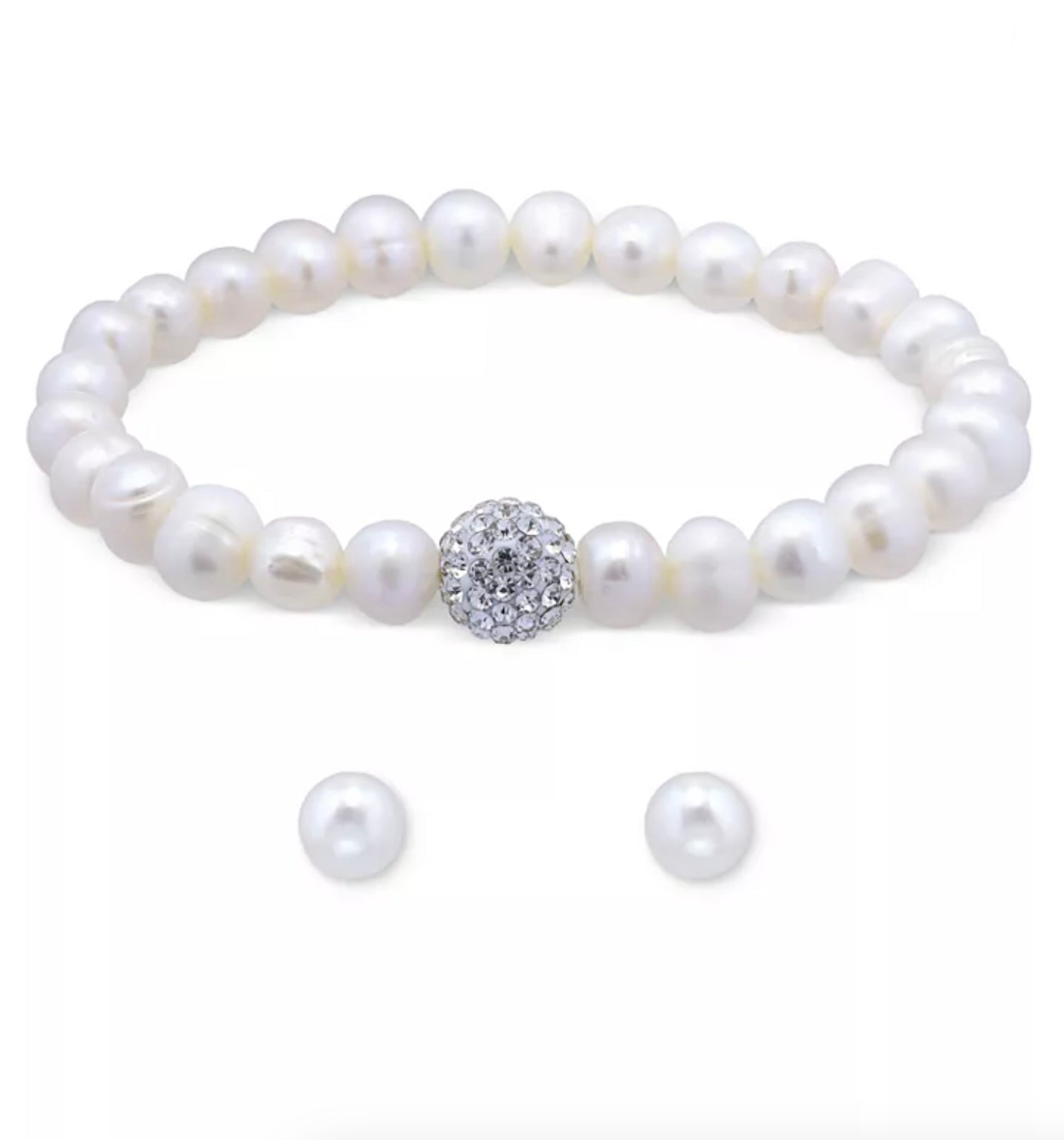 Macys Cultured Freshwater Pearl (7mm) & Crystal Bracelet & Earring Set - New in Box