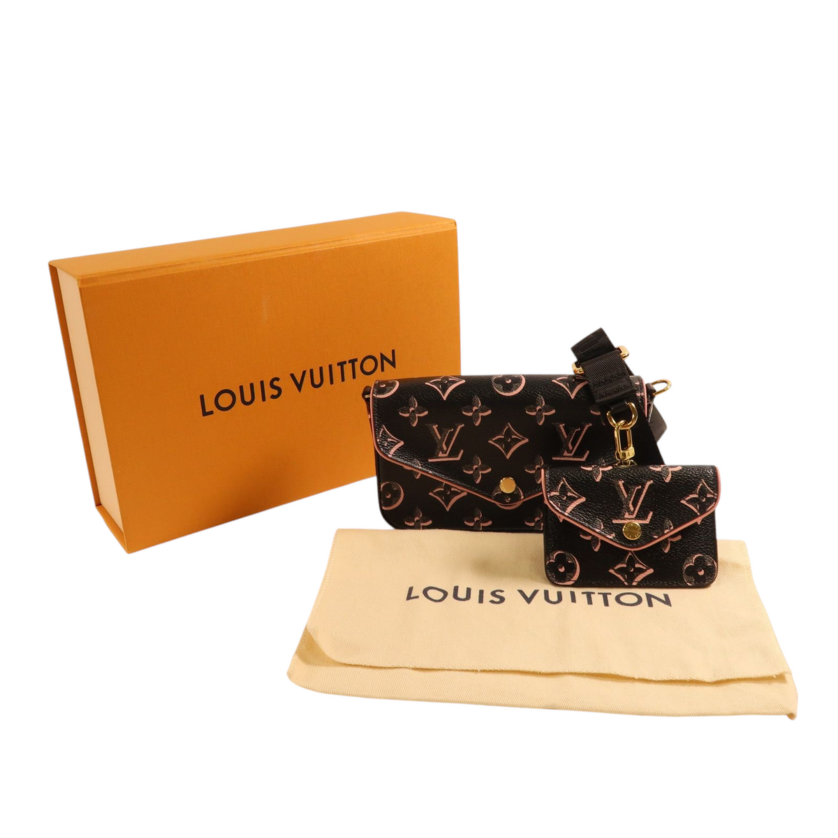 CURATED by Kira Louis Vuitton Felicie Strap & Go pochette in black and pink monogram canvas with matching card holder.