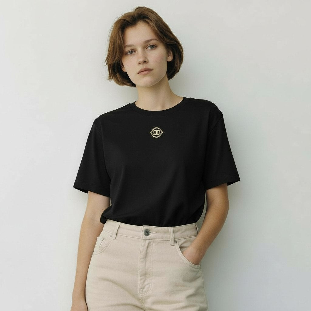 Chanel Black T-Shirt w/ Removable Crystal CC Brooch Size 42/44