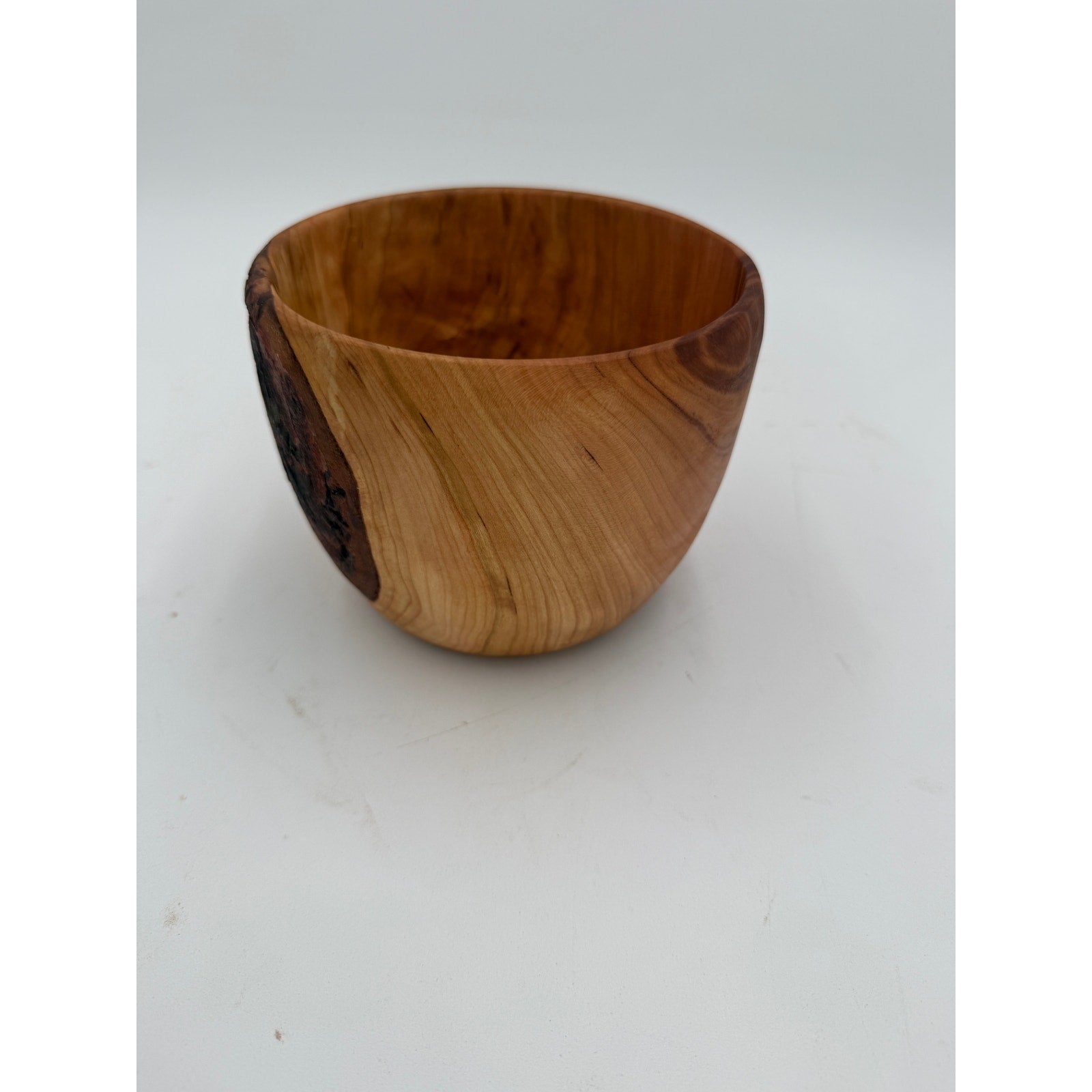 Hand Turned Cherry Wood Bowl with Live Edge, bark inclusion accent, from salvaged cherry log, 5.75" dia x 4.5" tall, hand crafted finish