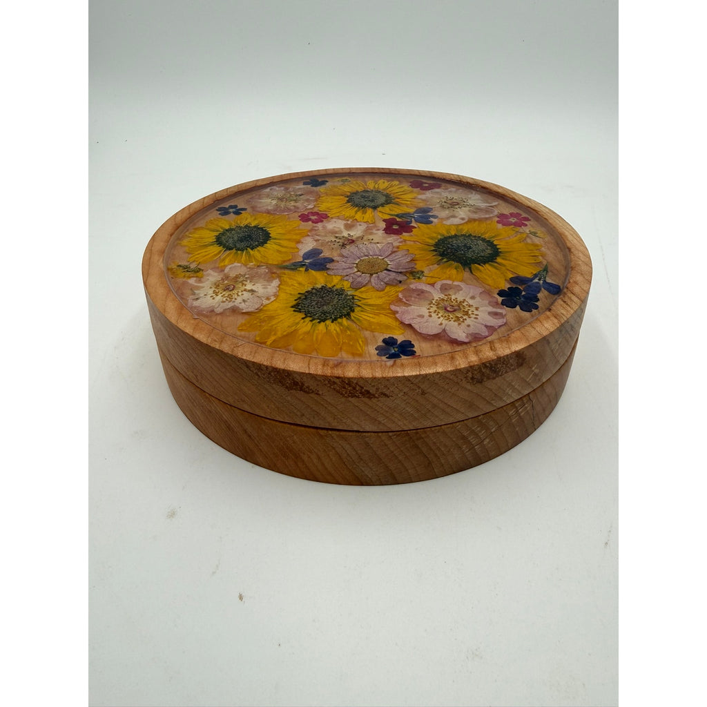 Figured Maple Floral Keepsake Box with Lid, pressed flowers in epoxy inlay, hand turned wood, jewelry storage, 7.75 x 2 in, one of a kind