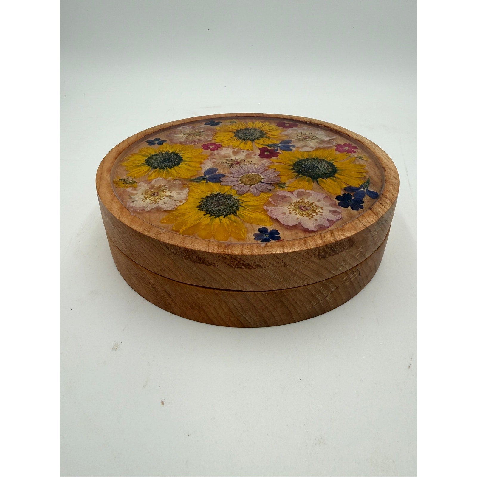 Figured Maple Floral Keepsake Box with Lid, pressed flowers in epoxy inlay, hand turned wood, jewelry storage, 7.75 x 2 in, one of a kind