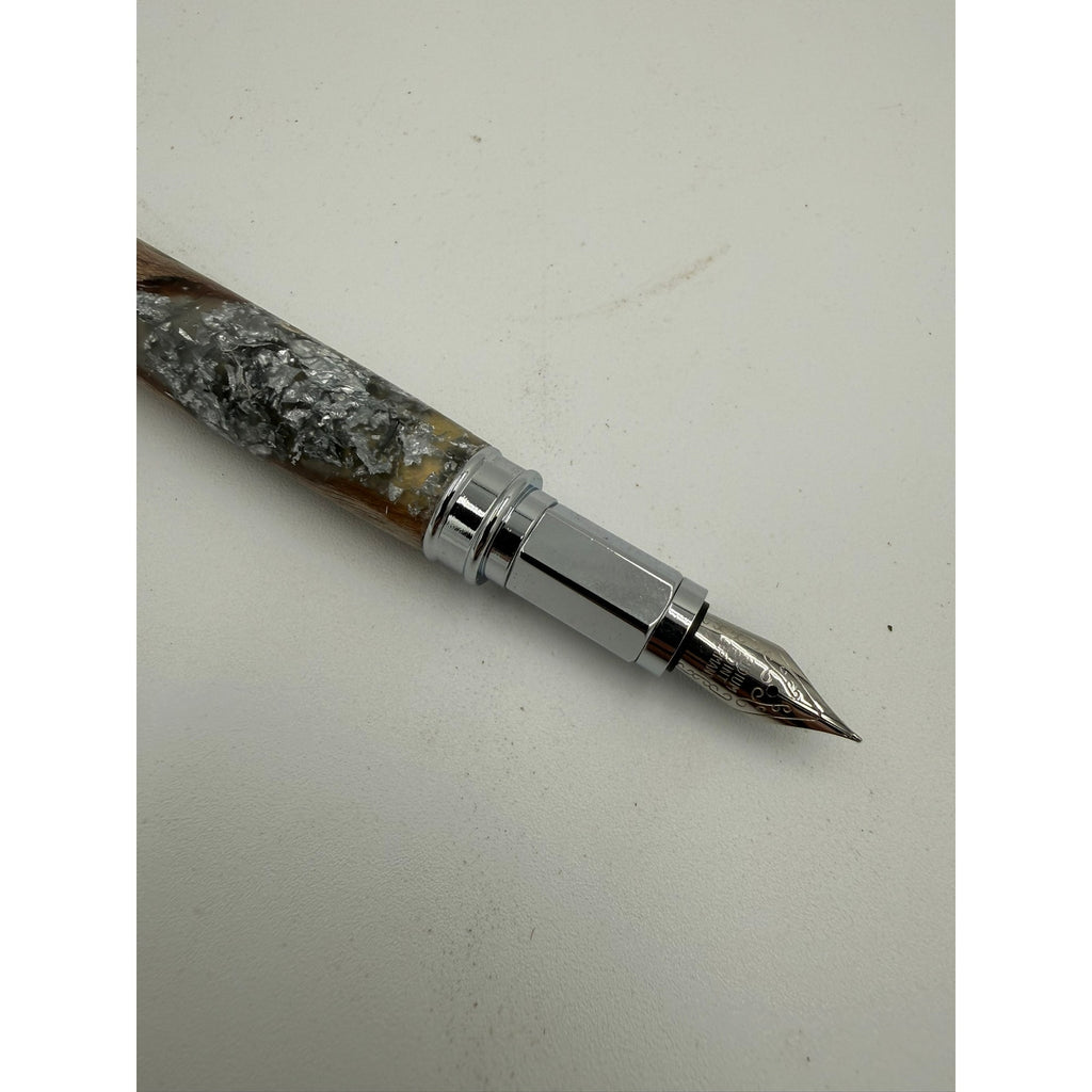 Hand Turned Fountain Pen with Silver Accents, epoxy barrel with silver flake and grapevine, includes ink pump and cartridge, handmade gift