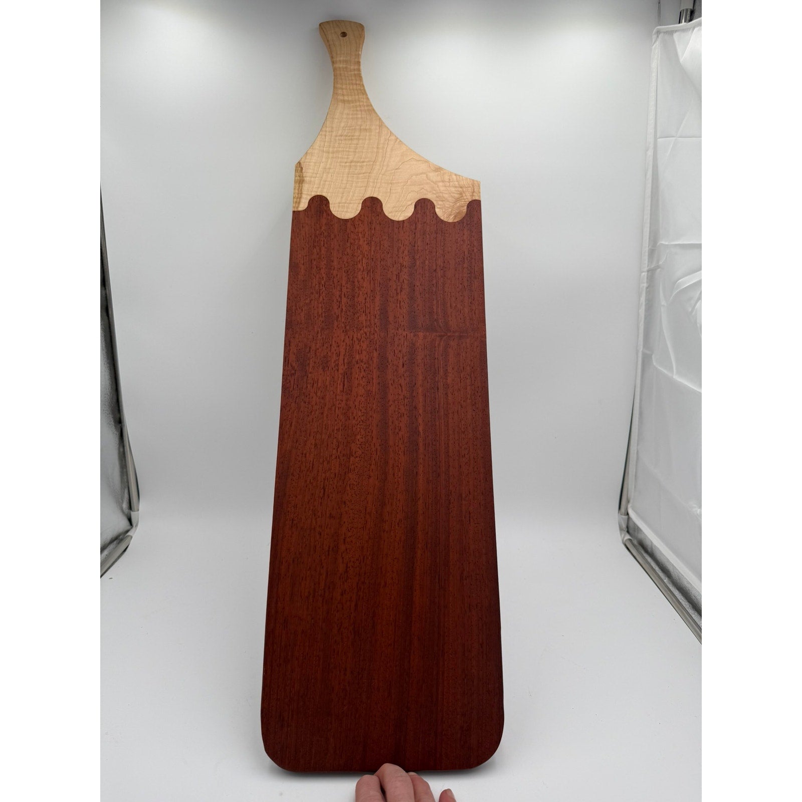 Large Padauk and Curly Maple Charcuterie Board, 34.75 x 9 x 0.75 in, handmade, food safe finish, serving tray, decorative yet functional