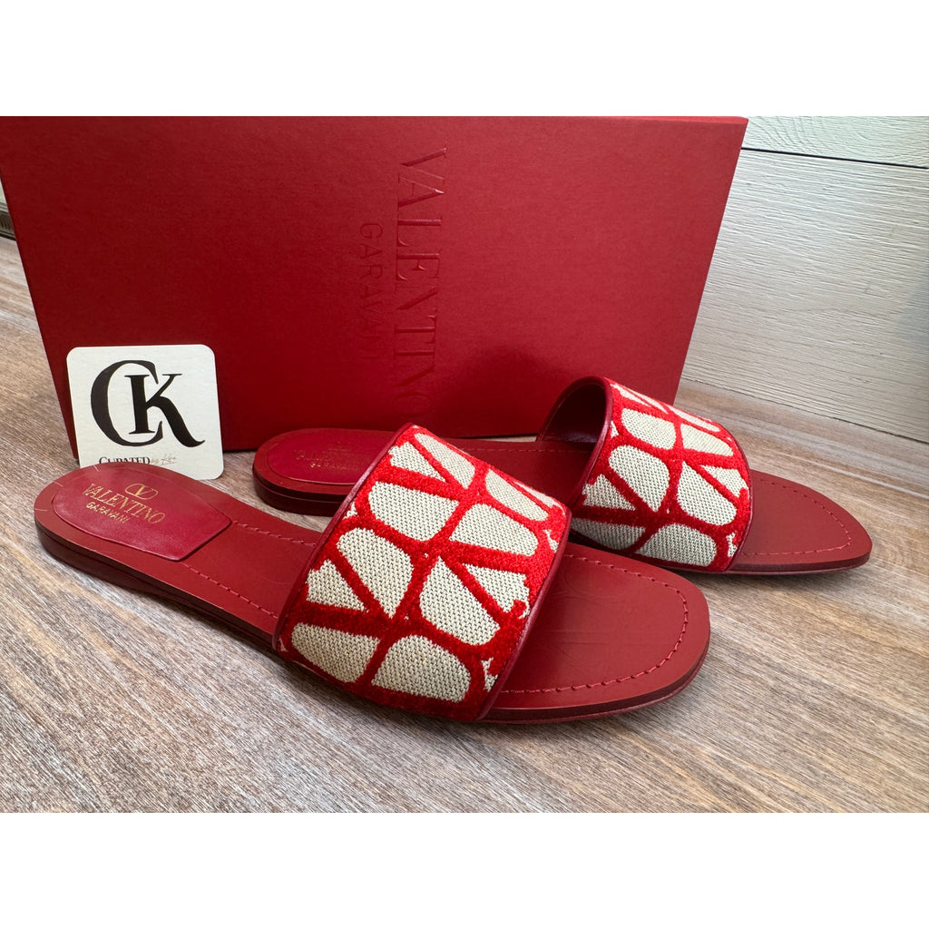 Valentino Garavani Red Ivory Jacquard Slides | Size 40.5 | NIB