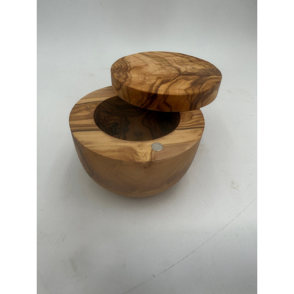 Olivewood Salt Cellar with Swivel Lid, Solid Wood, Hidden Hinge, Magnetic Latch, 4x3 Tall, SKU 1428