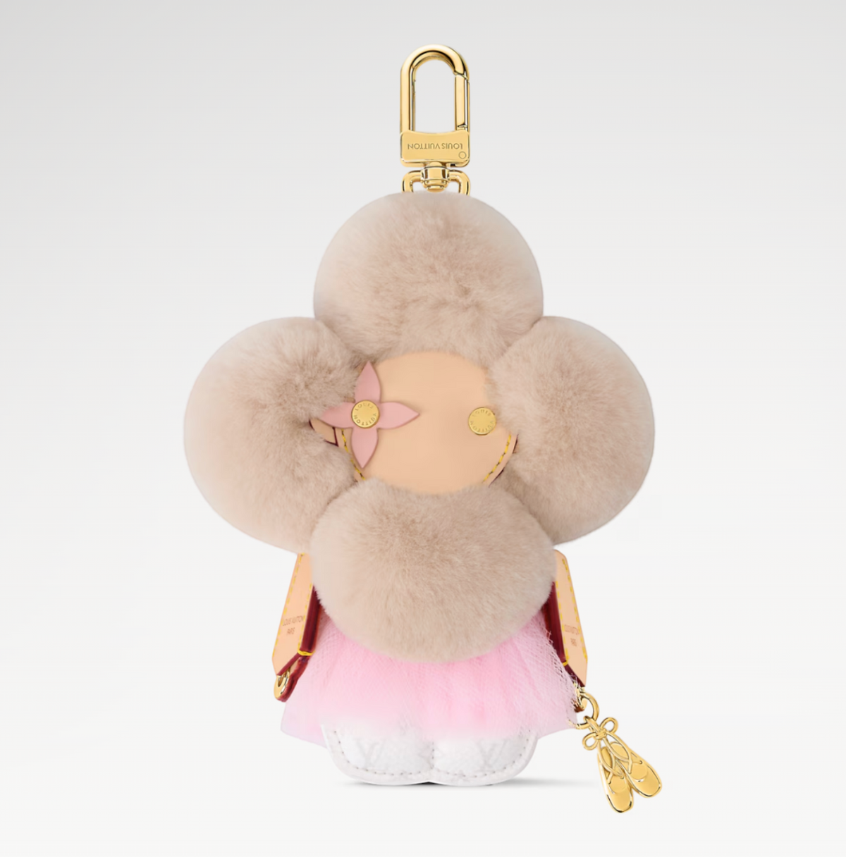 CURATED by Kira Louis Vuitton Vivienne Fashionista Ballerina bag charm in cream mink fur with pink tutu and gold hook
