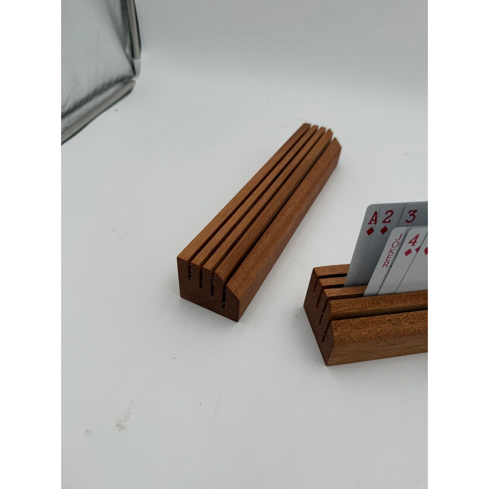 Handcrafted Wooden Playing Card Holder rack, 4-7 slot organizer, tabletop game accessory, bridge and poker aid