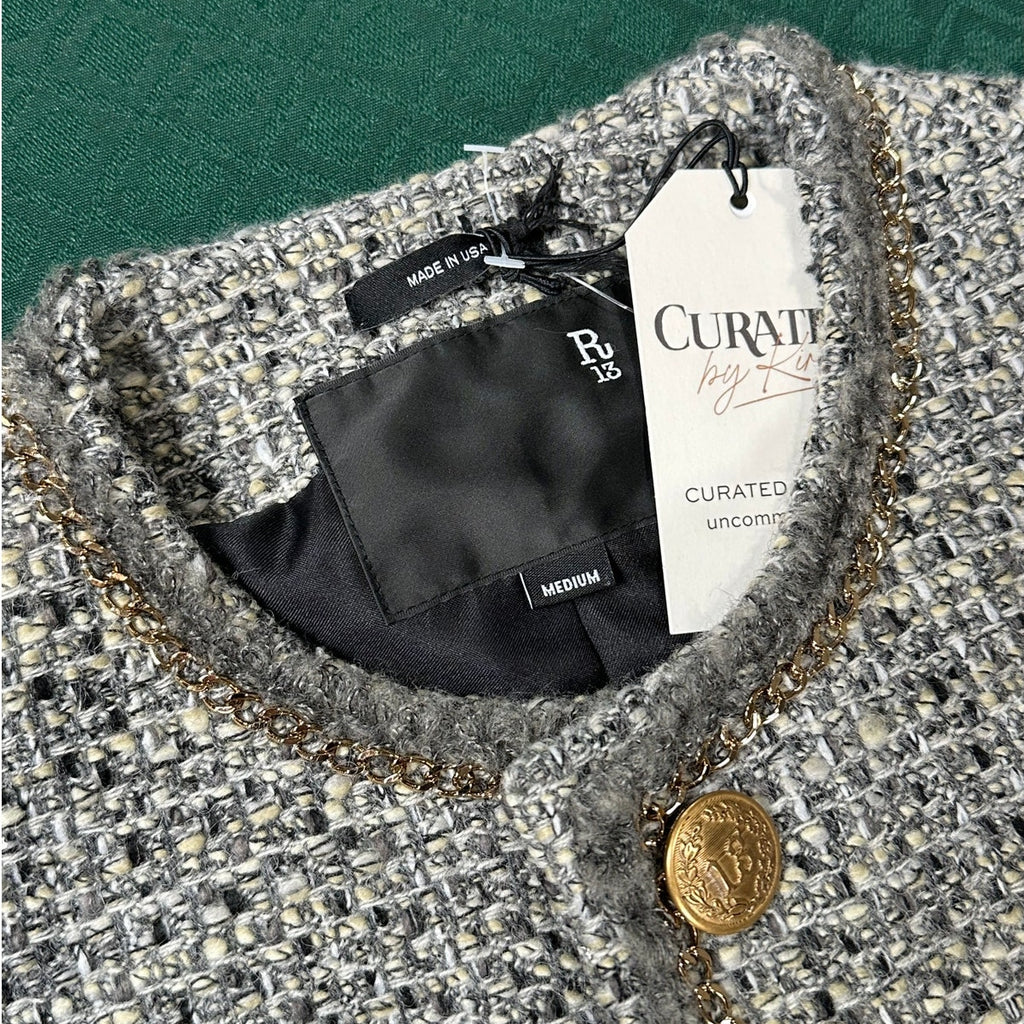 R13 Slouch Embellished Tweed Jacket Gray Oversized Size M