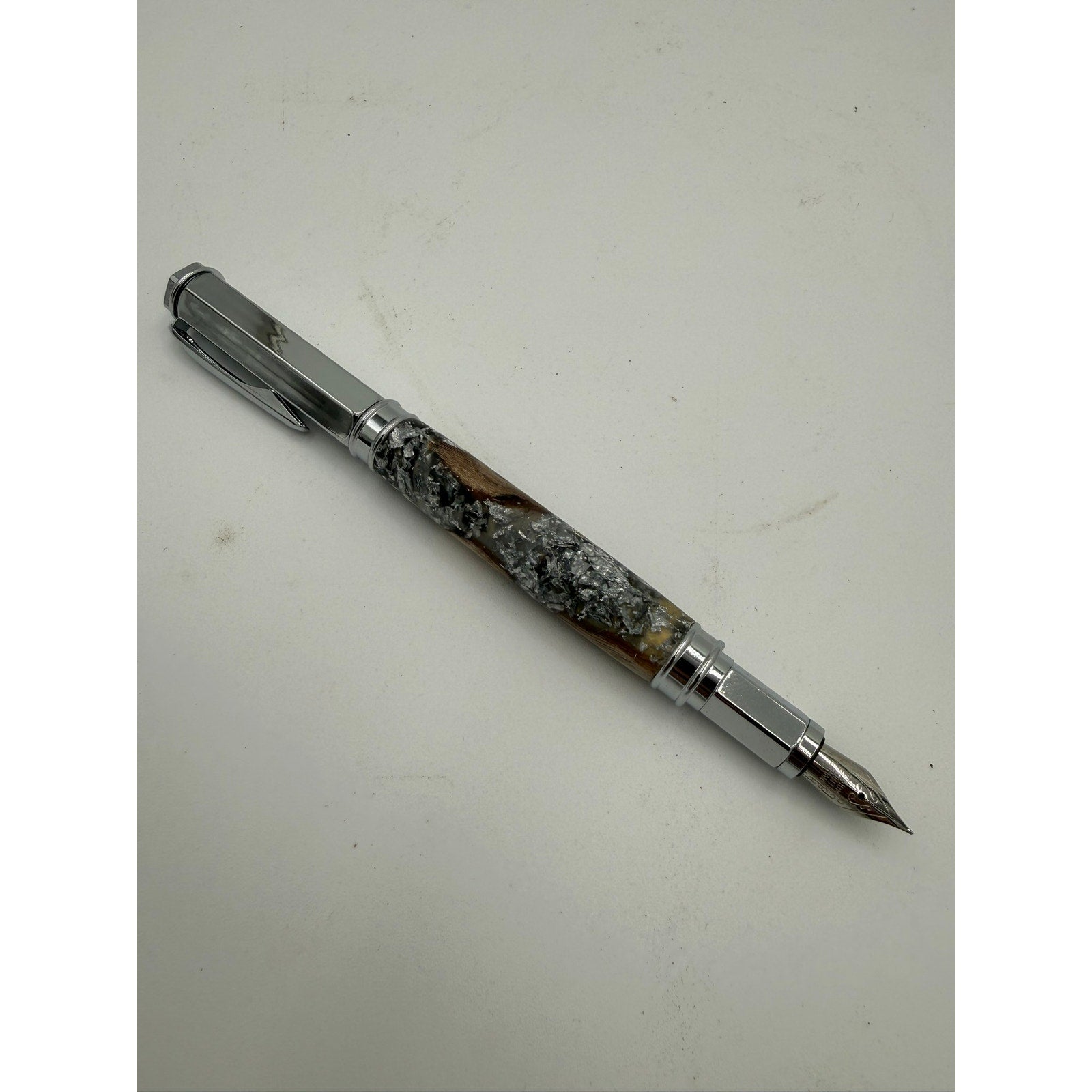 Hand Turned Fountain Pen with Silver Accents, epoxy barrel with silver flake and grapevine, includes ink pump and cartridge, handmade gift