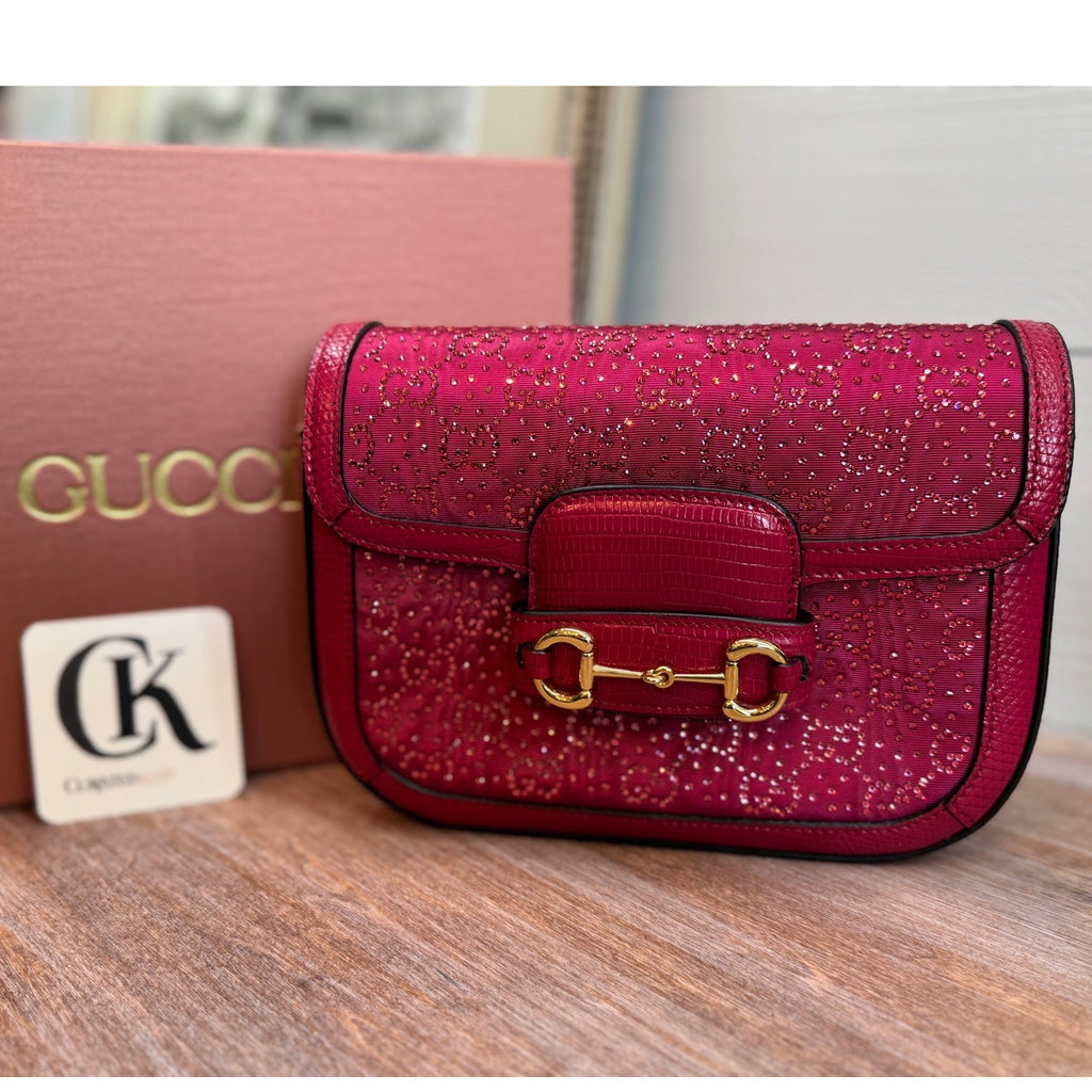 Gucci Mini 1955 Horsebit Pink Lizard Leather & Crystal Bag EXOTIC NIB