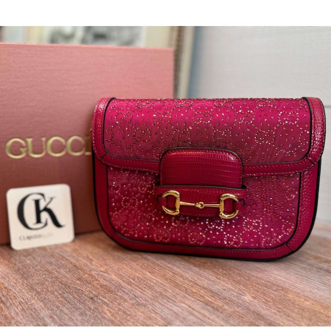 Gucci Mini 1955 Horsebit Pink Lizard Leather & Crystal Bag EXOTIC NIB
