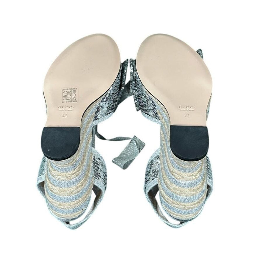 Gucci Silver Sequin Espadrille Platform Sandals Bow Cosmogonie Sz 41 NIB