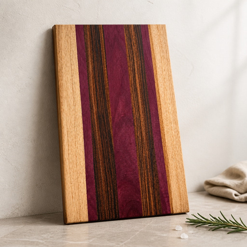Handcrafted Exotic Hardwood Cutting Board, Teak, Purpleheart and Tigerwood, 20x11x3/4 in, serving charcuterie, kitchen gift