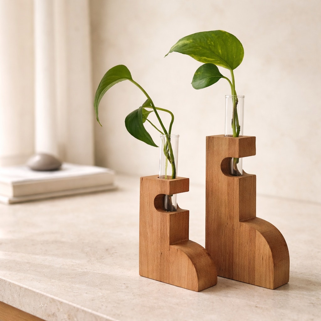 Maple Propagation Station Pair for Cuttings, contemporary wood bud vases, test tube planters, decorative duo, functional home decor