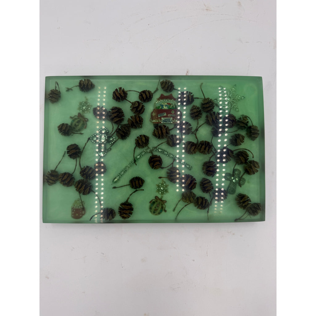 Christmas Theme Charcuterie Board, Green Epoxy, Pine Cone Accents, Handcrafted, 12x8x1.25