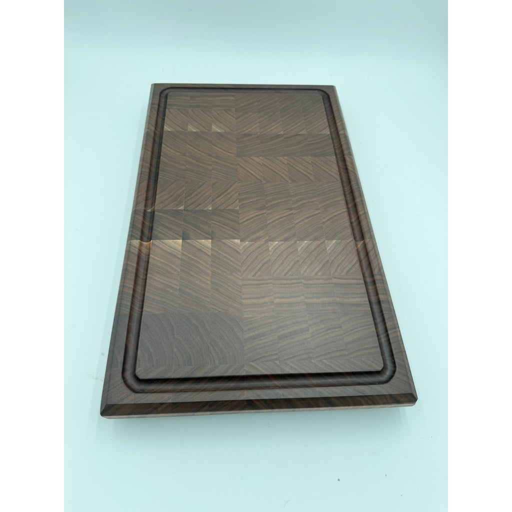 Walnut End Grain Carving Board for BBQ Feasts, extra large size, drip groove, dual grips, 20.25x12.25x1.25, chef quality