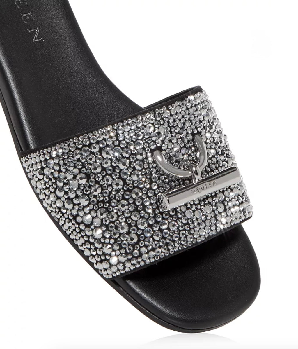 Alexander McQueen Black Crystal T-Bar Slide Sandals Size 40 - New