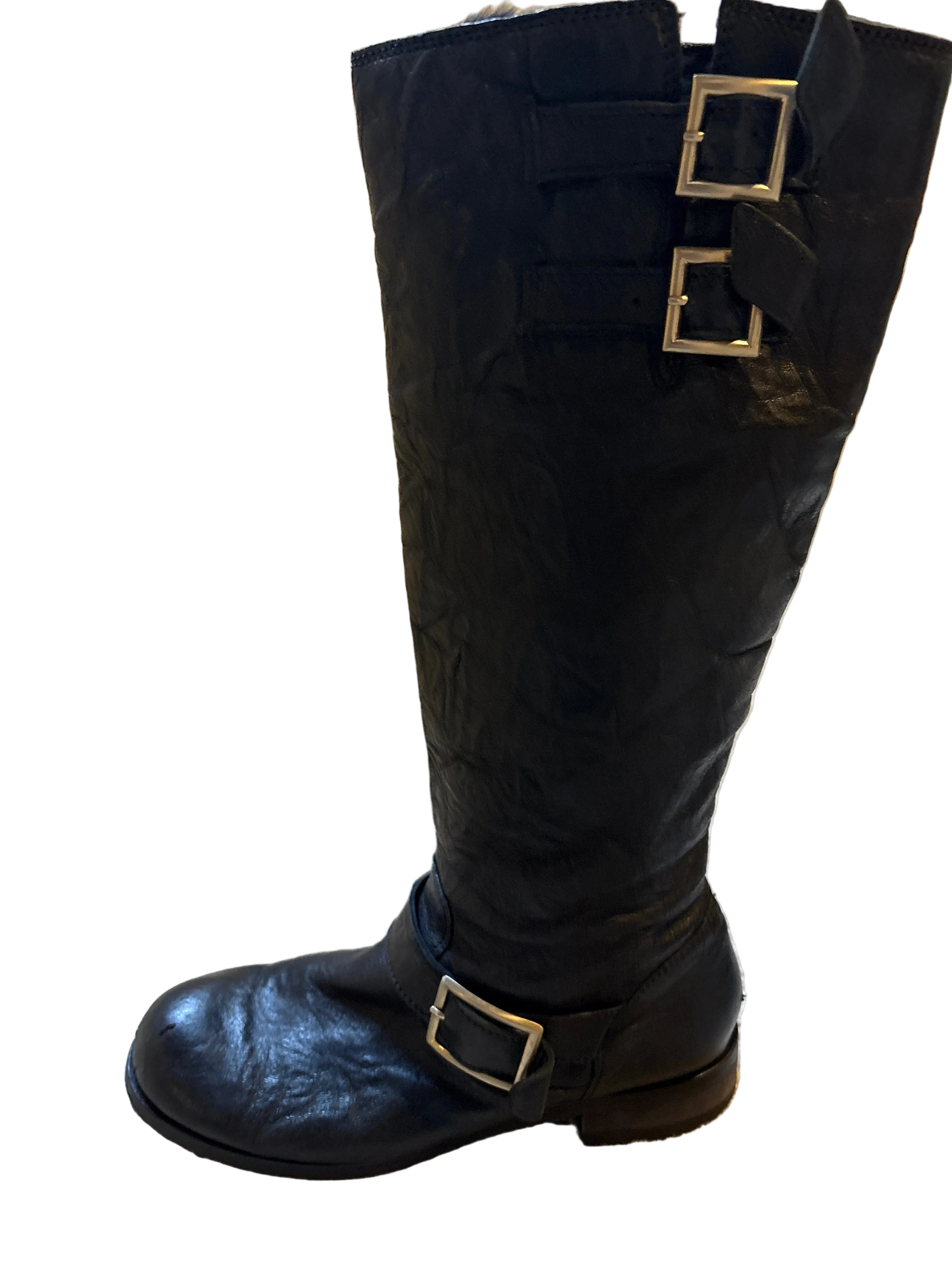 Jimmy Choo Yule Biker Black Knee-High Leather Boots- Size 38.5