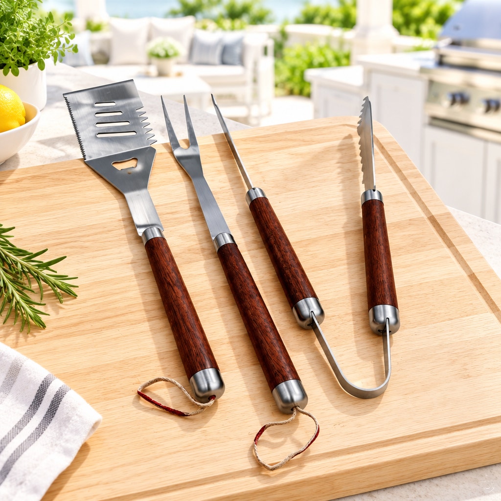Handcrafted Mahogany BBQ Tools Set, 3 Piece, Carrying Case, Grill Utensils, SKU 1564