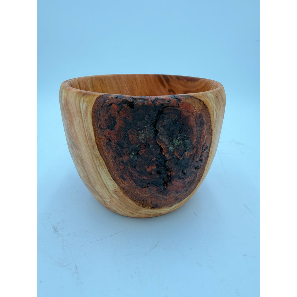 Hand Turned Cherry Wood Bowl with Live Edge, bark inclusion accent, from salvaged cherry log, 5.75" dia x 4.5" tall, hand crafted finish