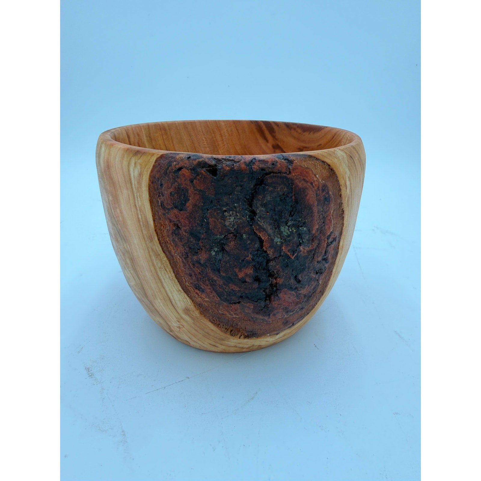 Hand Turned Cherry Wood Bowl with Live Edge, bark inclusion accent, from salvaged cherry log, 5.75" dia x 4.5" tall, hand crafted finish