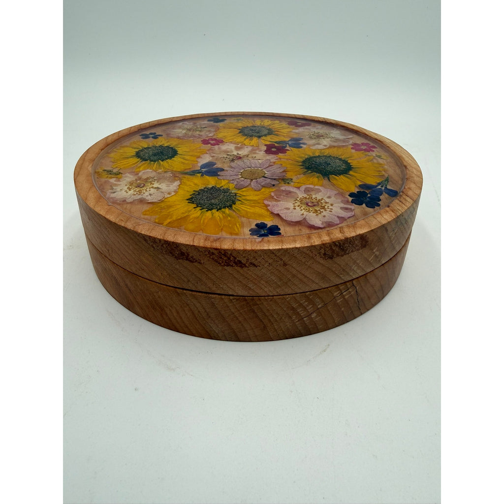 Figured Maple Floral Keepsake Box with Lid, pressed flowers in epoxy inlay, hand turned wood, jewelry storage, 7.75 x 2 in, one of a kind