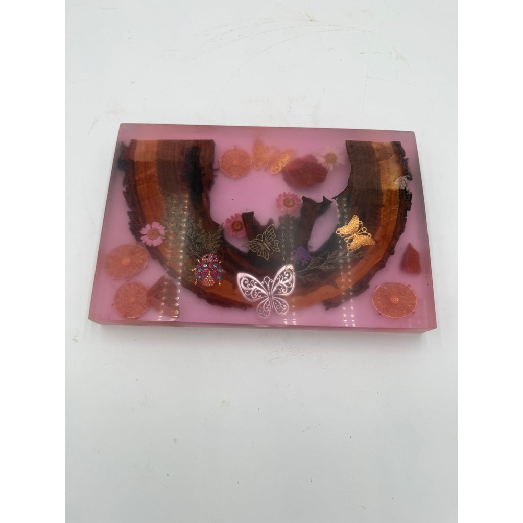 Butterfly Garden Resin Charcuterie Board 12x8, red epoxy art serving tray, embedded wood and florals, ladybug accents, handmade home decor