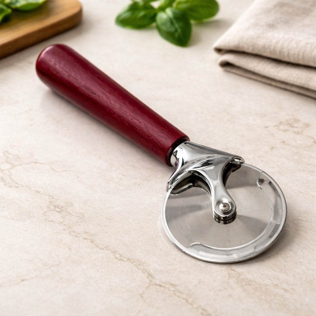 Hand Turned Hardwood Pizza Cutter Wheel, stainless steel blade, artisan kitchen tool, ergonomic handle, gift ready
