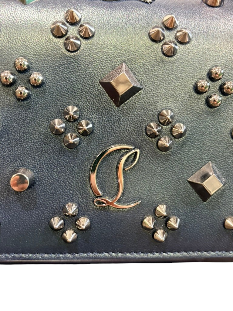 CURATED by Kira Christian Louboutin Paloma clutch in dark blue calf leather with silver Loubinthesky spike studs