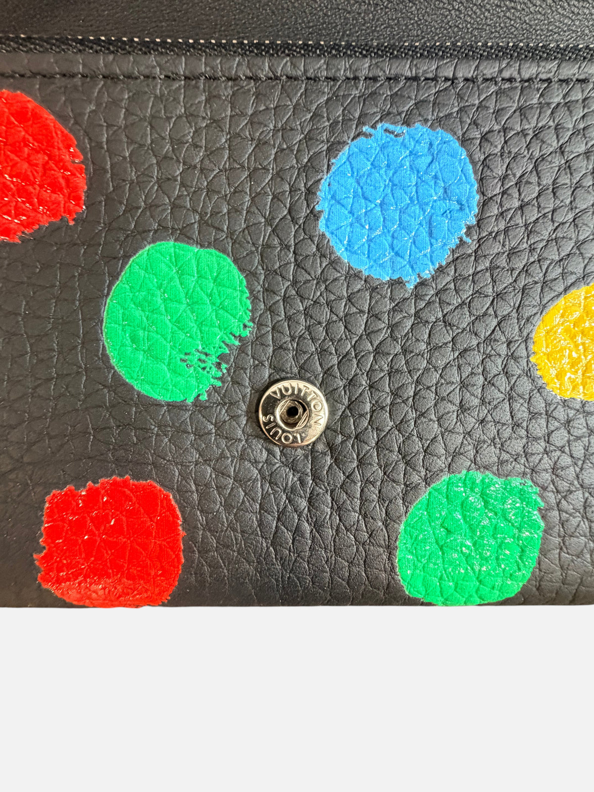 CURATED by Kira Louis Vuitton Kusama Capucines wallet in black textured calfskin with colorful polka dot print