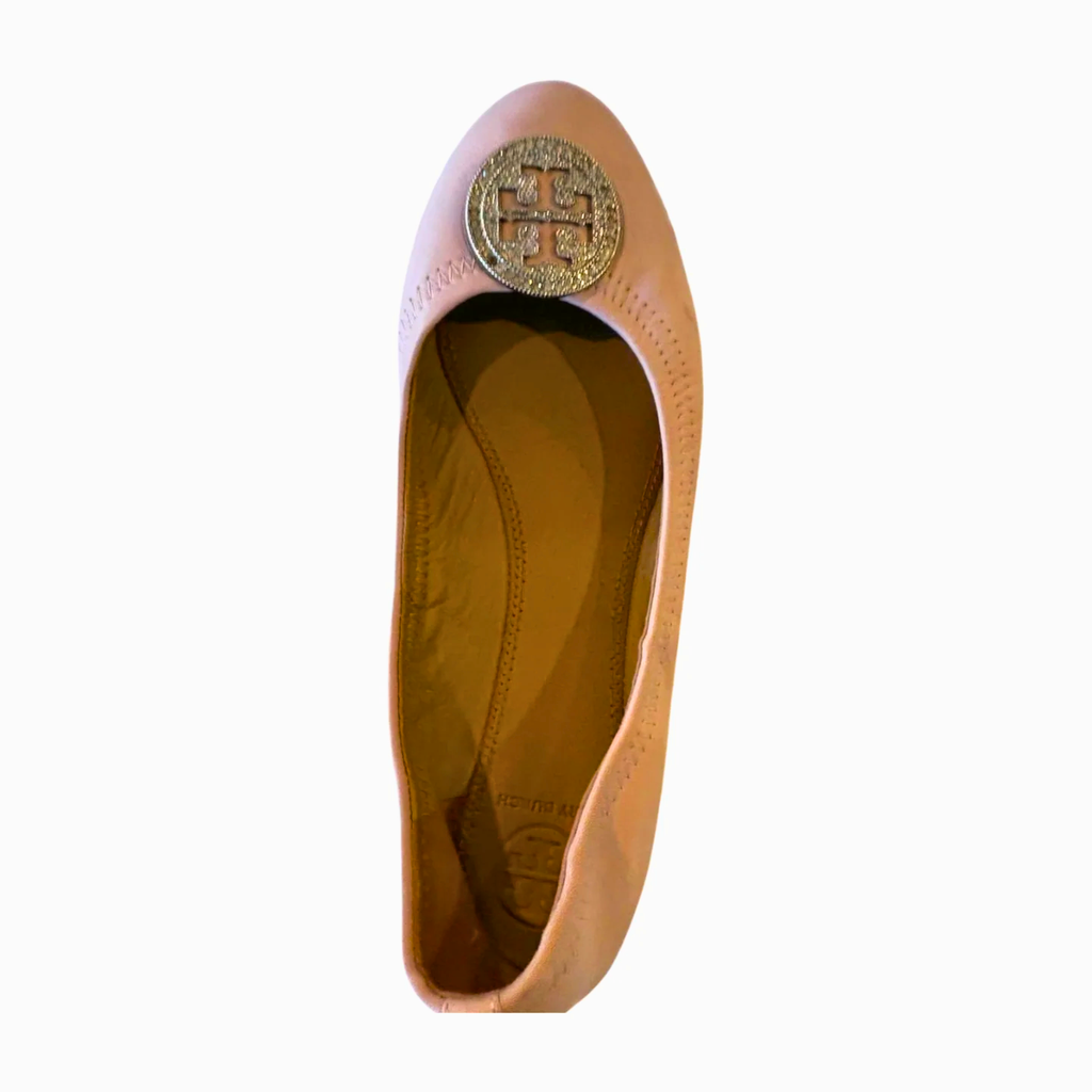 Tory Burch Minnie Travel Ballet Flats - Pink with Crystal Logo - Size 7