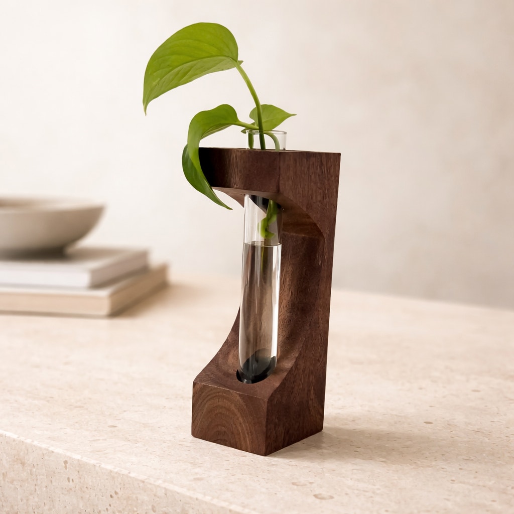 Walnut Propagation Station with Glass Tube, 3x3x9 inches, modern decor, functional bud vase, minimalist planter