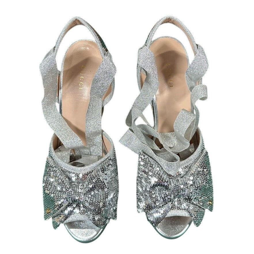 Gucci Silver Sequin Espadrille Platform Sandals Bow Cosmogonie Sz 41 NIB